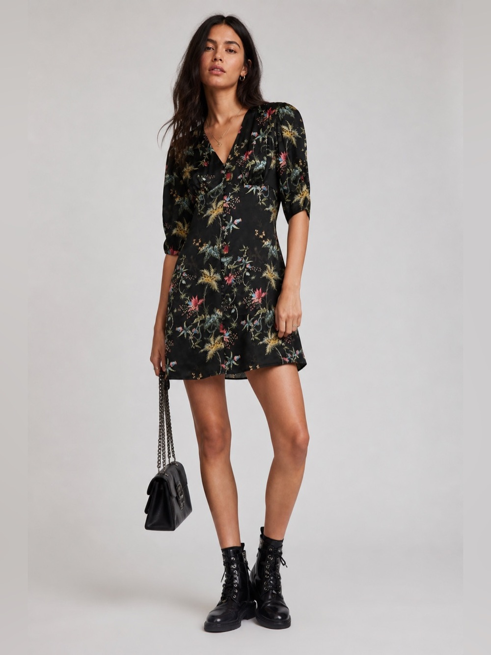 ALLSAINTS Kota Silk Blend Floral Mini Dress Black Size S